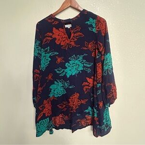 World Market Boho Floral Tunic Top S/M Navy Red Green Peasant Style Shirt Blouse